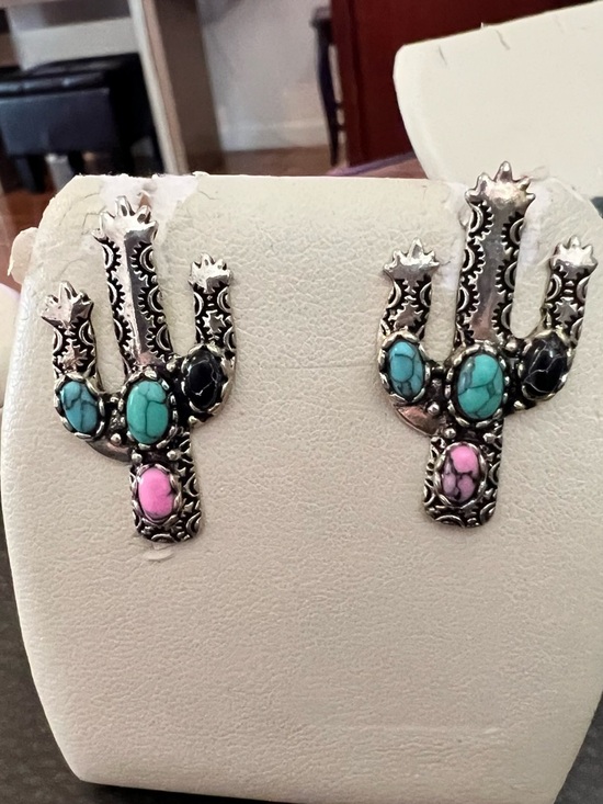 Turquoise & Pink Cactus Silver Earrings - Women's Southwestern Jewelry - Picture 3 of 6